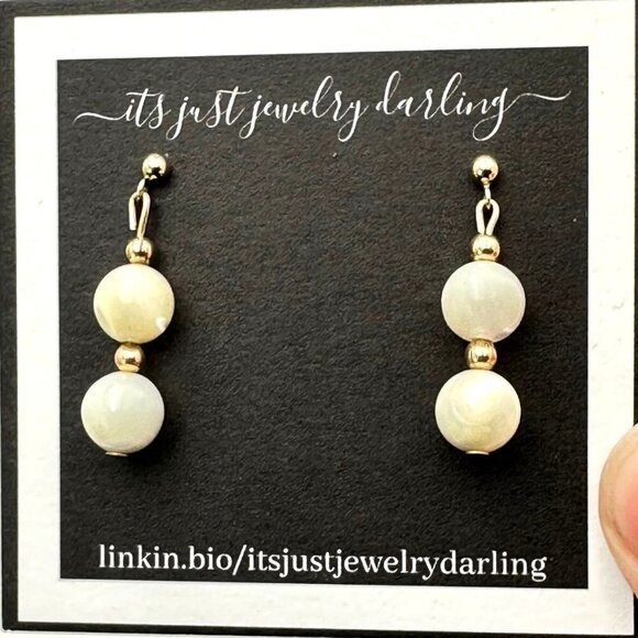 Womens Earrings 14K Yellow Gold Mother of Pearl Bead Pierced Gift Idea for Her - Picture 4 of 5